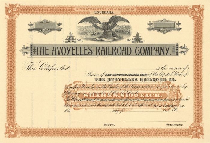 Avoyelles Railroad Co. - 1900' dated Unissued Railway Stock Certificate - Became Part of the Texas and Pacific Railway System
