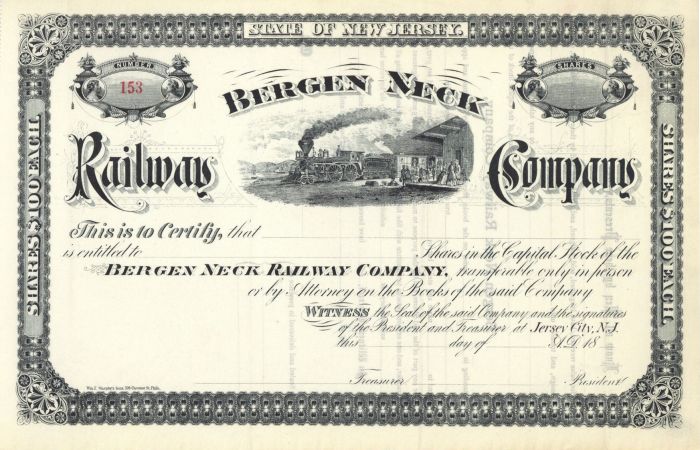 Bergen Neck Railway Co. - Stock Certificate