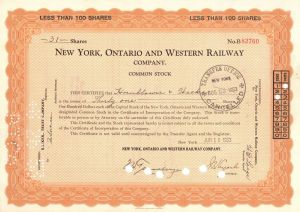 New York, Ontario and Western Railway Co. - Stock Certificate