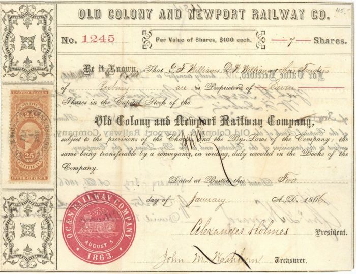 Old Colony and Newport Railway Co. - Railroad Stock Certificate