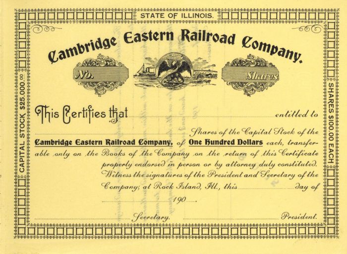 Cambridge Eastern Railroad Co. - Stock Certificate
