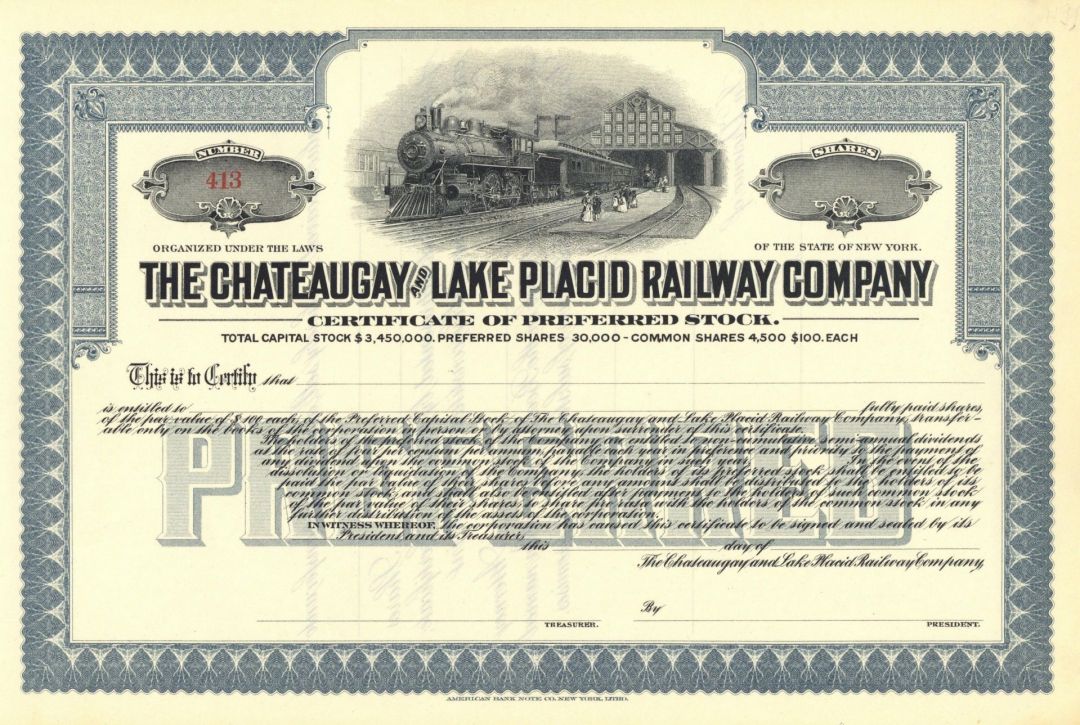 Chateaugay and Lake Placid Railway Co. - circa 1920's Unissued Railroad Stock Certificate