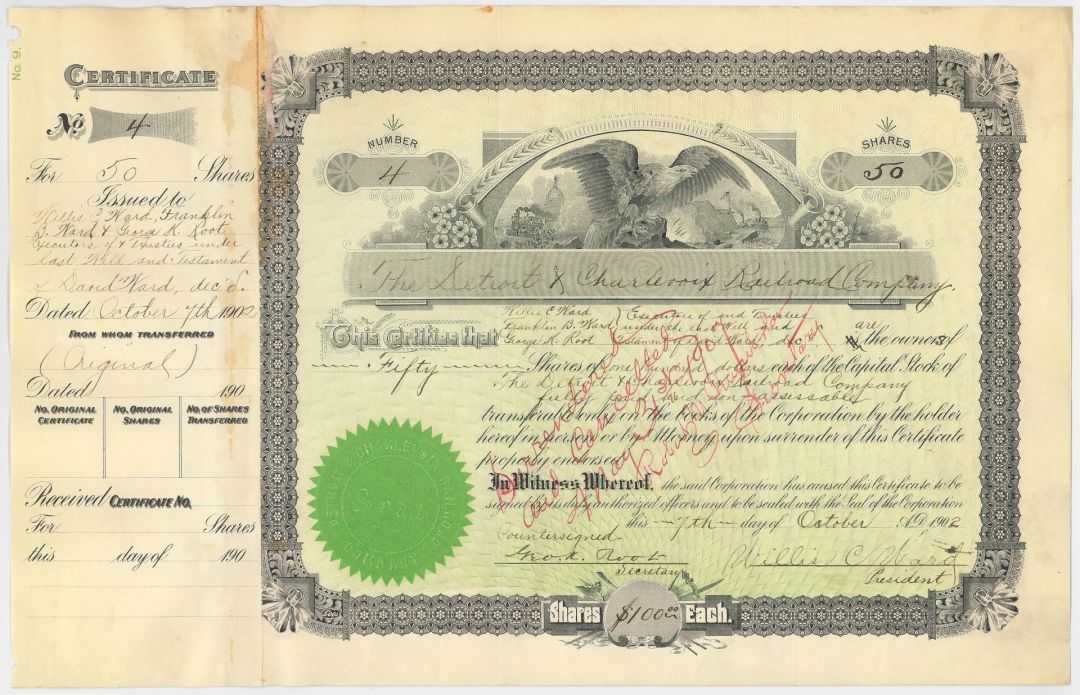 Detroit and Charlevoix Railroad Co. - David Ward - 1902-12 dated Railway Stock Certificate - Very Important