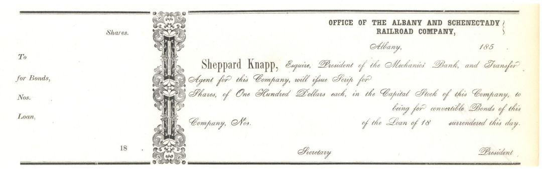 Albany and Schenectady Railroad Co. - circa 1850's Railway Stock Scrip Order - Unissued