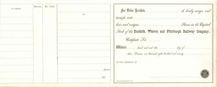 Dunkirk, Warren and Pittsburgh Railway Co. - Railroad Stock Receipt