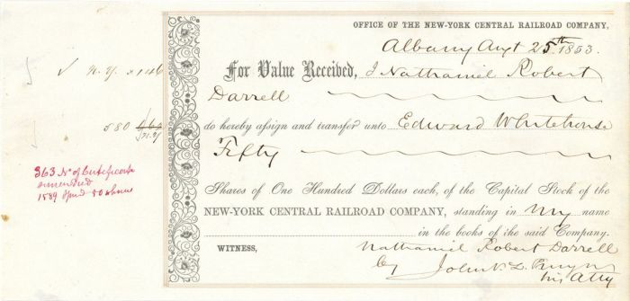 New-York Central Railroad Co. - Stock Receipt
