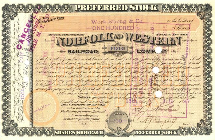 Norfolk and Western Railroad Co. - Rare Type Stock Certificate