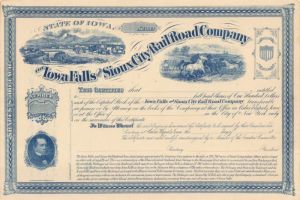 Iowa Falls and Sioux City Rail Road Co. - Unissued Railway Stock Certificate