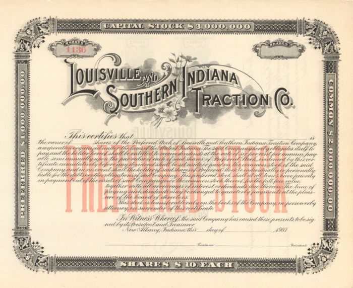 Louisville and Southern Indiana Traction Co. - Stock Certificate
