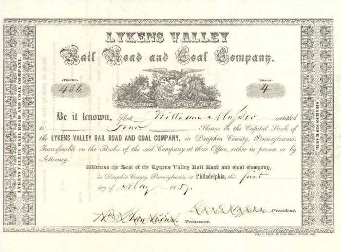 Lykens Valley Rail Road and Coal Co. - Stock Certificate