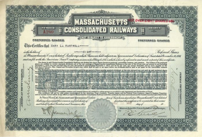 Massachusetts Consolidated Railways - Stock Certificate