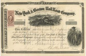 New York and Boston Rail Road Co. - 1864 dated Stock Certificate with Revenue Stamp