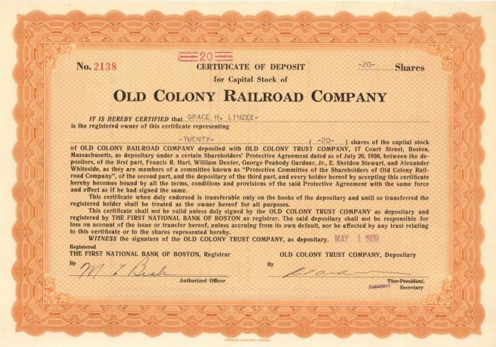 Old Colony Railroad Co. - Stock Certificate