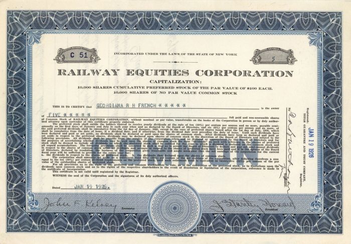 Railway Equities Corporation - Stock Certificate