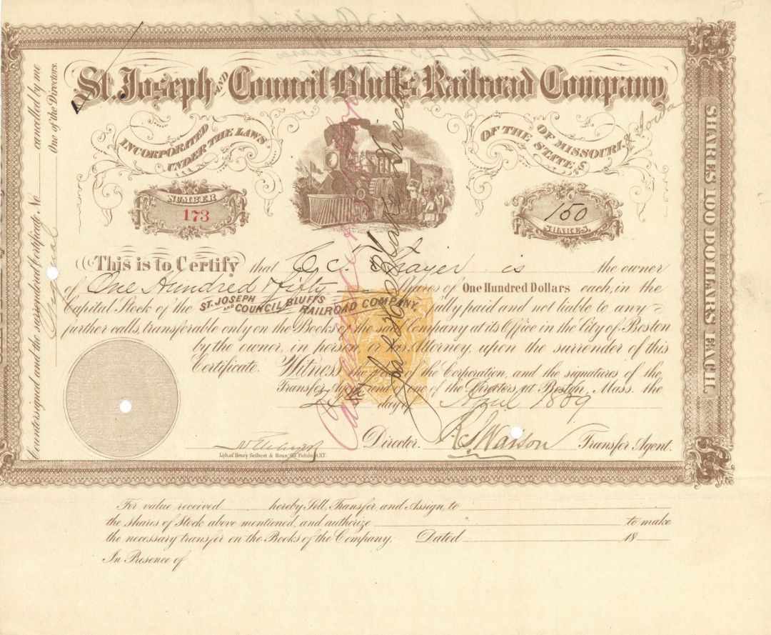 St. Joseph and Council Bluffs Railroad Co. - Stock Certificate