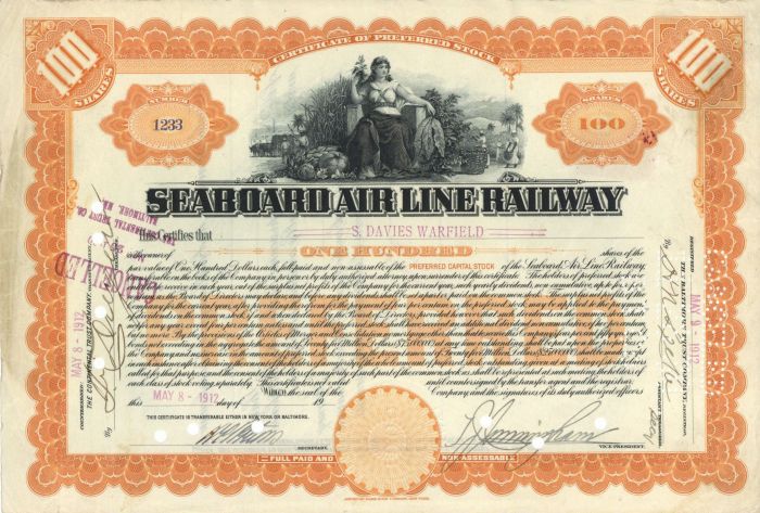Seaboard Air Line Railway - 1912 dated Railroad Stock Certificate