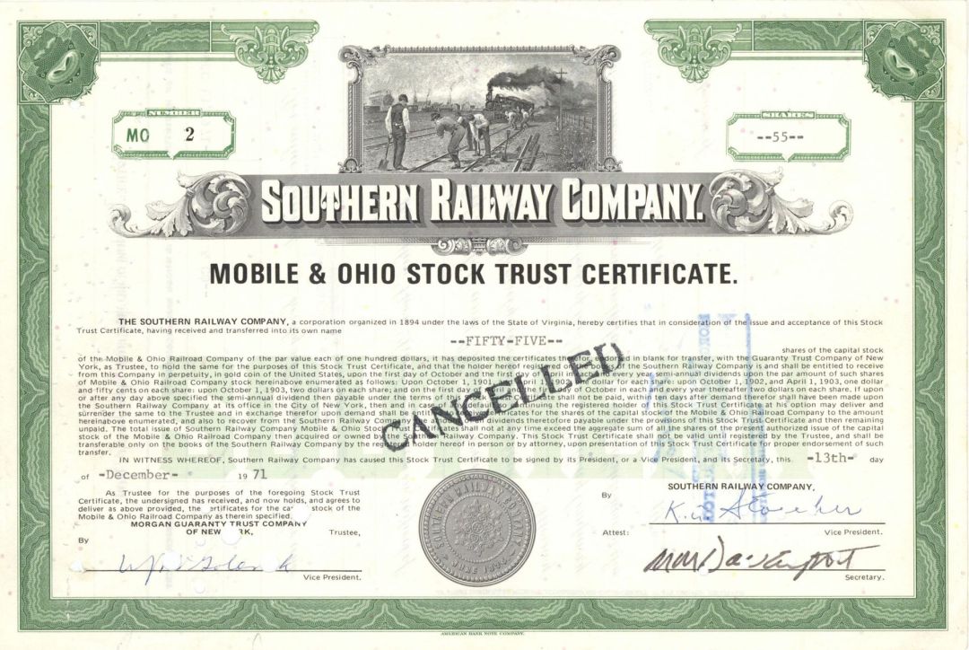 Southern Railway Co. - Division of Mobile & Ohio Railroad - 1971-1980 dated Stock Certificate