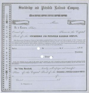 Stockbridge and Pittsfield Railroad Co. - Stock Certificate