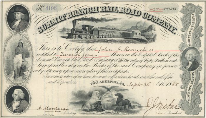 Summit Branch Rail Road Co. - Pennsylvania Railway Stock Certificate