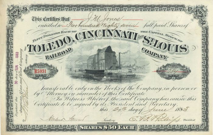 Toledo, Cincinnati and St. Louis Railroad Co. - Railway Stock Certificate