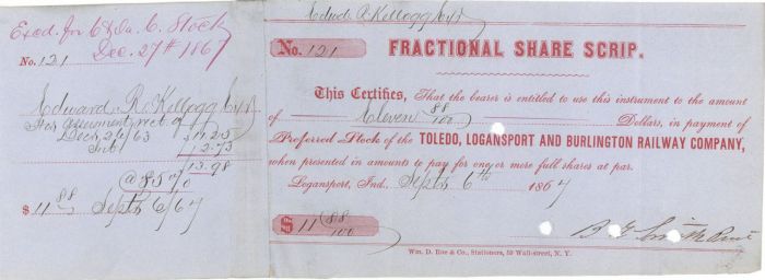 Toledo, Logansport and Burlington Railway Co. - Railroad Stock Certificate