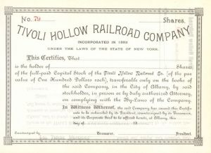 Tivoli Hollow Railroad Co. - Stock Certificate