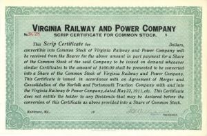 Virginia Railway and Power Company - Stock Certificate