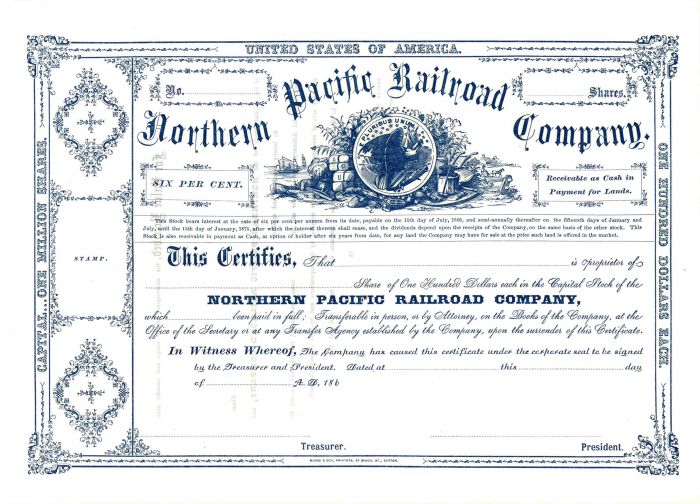 Northern Pacific Railroad Co. - Rare Unissued Railway Stock Certificate