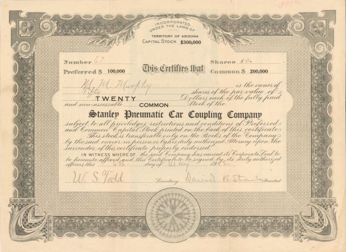 Stanley Pneumatic Car Coupling Co. - Stock Certificate