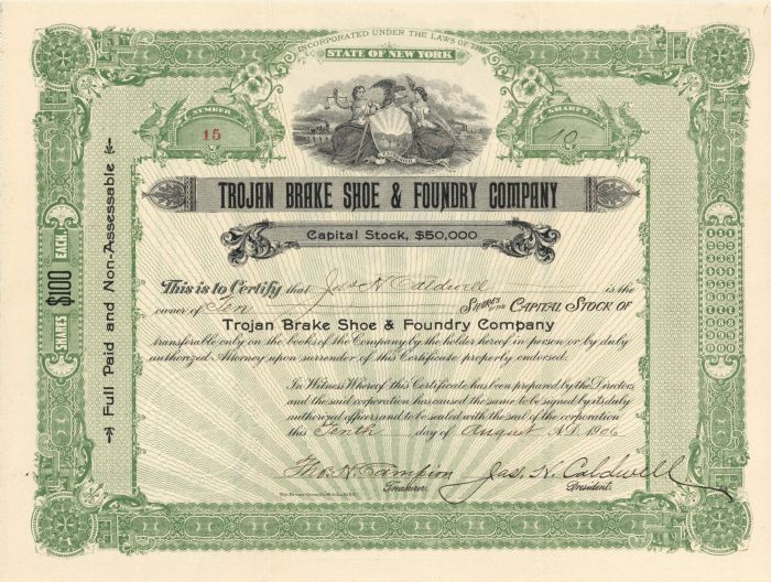 Trojan Brake Shoe and Foundry Co. - Stock Certificate