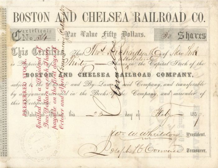 Boston and Chelsea Railroad Co. - Stock Certificate