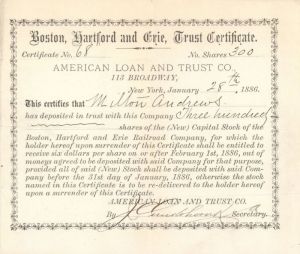 Boston, Hartford and Erie Railroad, Trust Certificate - Railway Stock Certificate