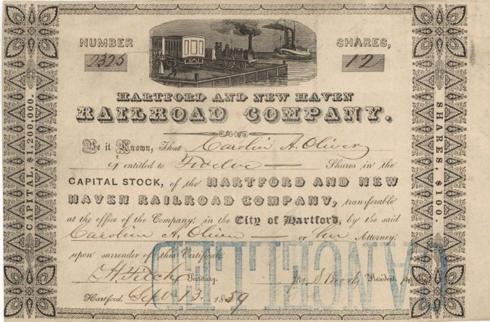 Hartford and New Haven Railroad Co. - 1859 Railway Stock Certificate