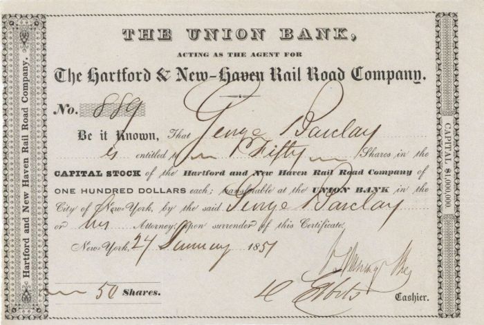 Union Bank, Acting as agent for Hartford and New Haven Rail Road Co. - Stock Certificate
