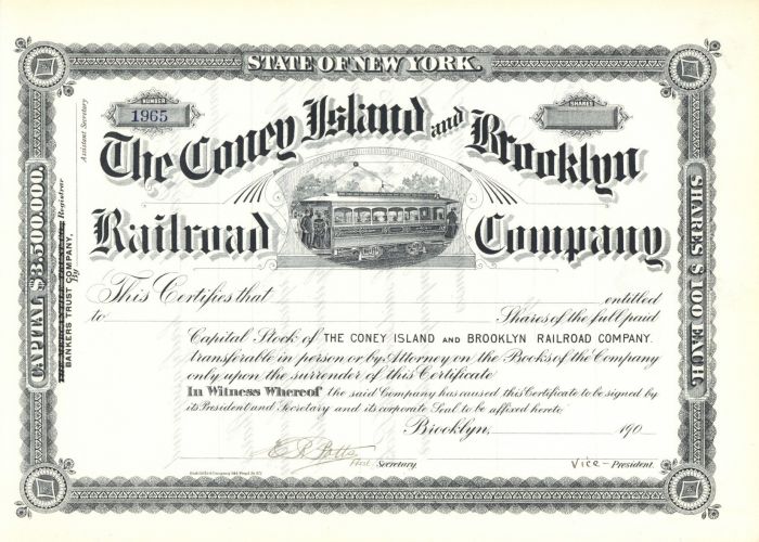 Coney Island and Brooklyn Railroad Co. - 1900's dated Unissued Railway Stock Certificate