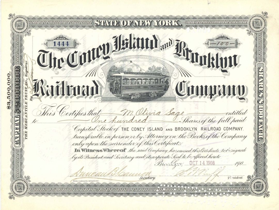 Coney Island and Brooklyn Railroad Co. - 1908 dated Railway Stock Certificate
