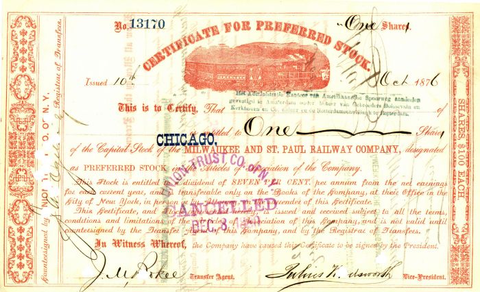 Chicago, Milwaukee and St. Paul Railway Co. - RED Preferred Type Stock Certificate