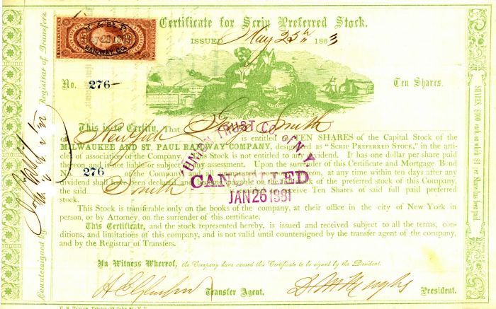 Milwaukee and St. Paul Railway Co. - Railroad Stock Certificate