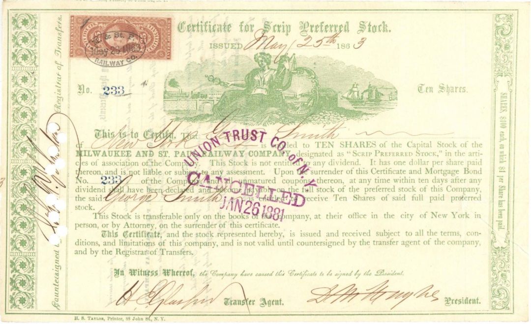 Milwaukee and St. Paul Railway Co. - 1860's dated Railroad Stock Certificate with Revenue Stamp