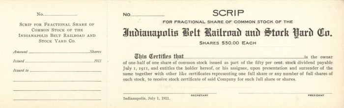 Indianapolis Belt Railroad and Stock Yard Co. - Stock Certificate