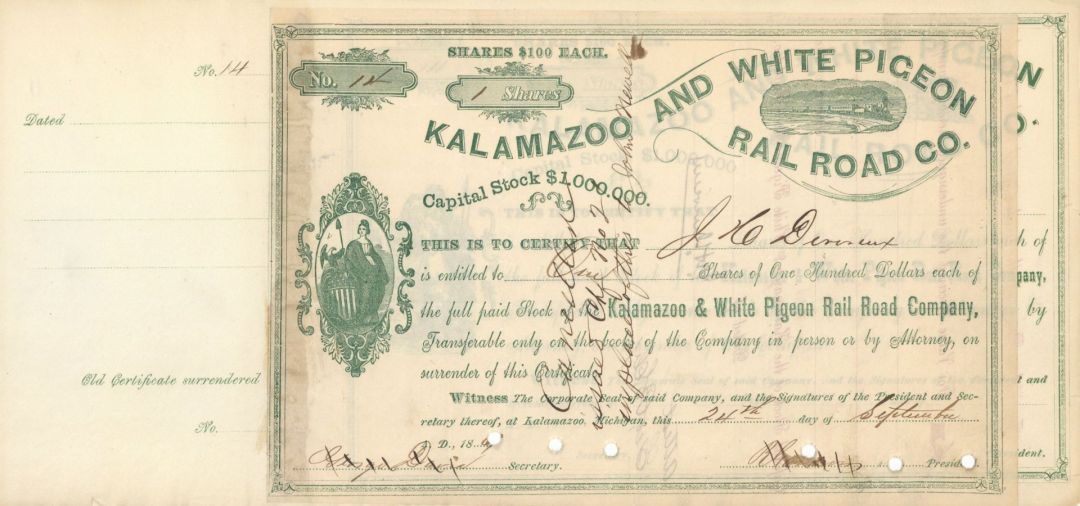 Pair of Kalamazoo and White Pigeon Rail Road Co. - Railway Stock Certificate - Very Important to Railroad History