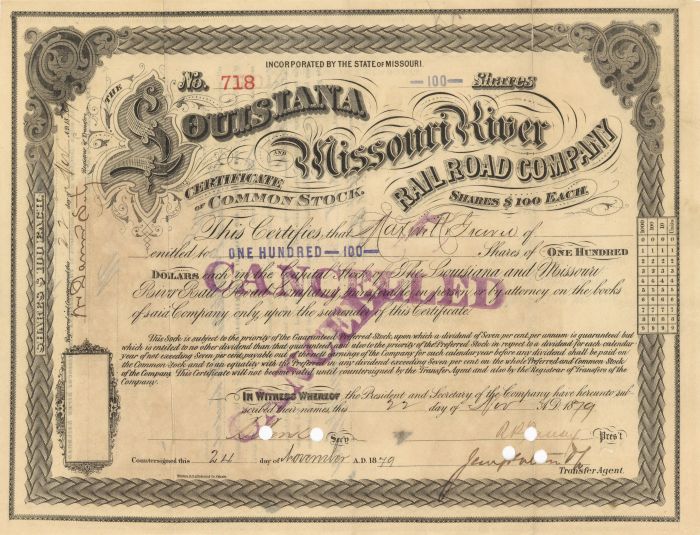 Louisiana and Missouri River Rail Road Co. - 1879 Railway Stock Certificate - Extremely Rare