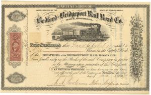 Bedford and Bridgeport Rail Road Co. - Railway Stock Certificate with Revenue