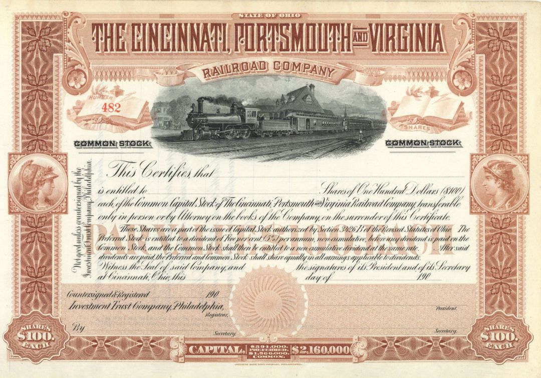 Cincinnati, Portsmouth and Virginia Railroad Co. - Unissued Stock Certificate