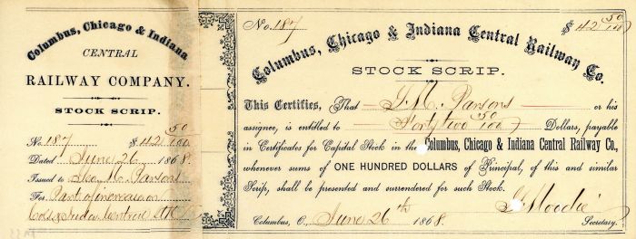Columbus, Chicago and Indiana Railway Co. - Stock Certificate