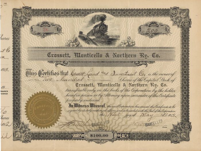 Crossett, Monticello and Northern Ry. Co. - Stock Certificate