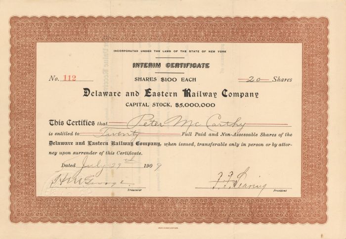 Delaware and Eastern Railway Co. - Railroad Stock Certificate
