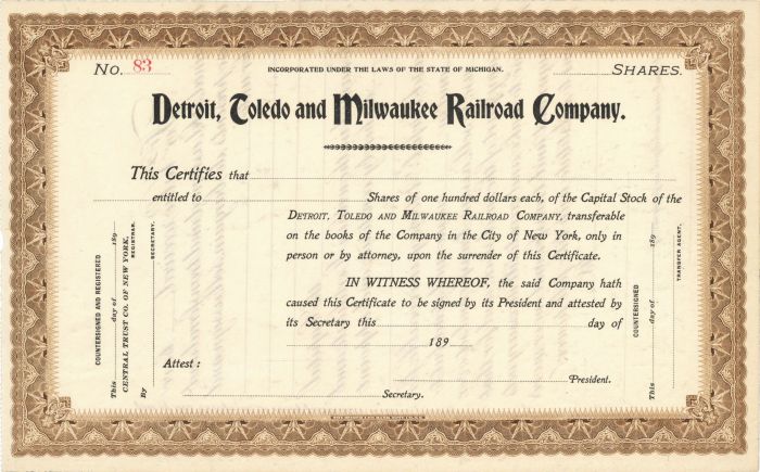 Detroit, Toledo and Milwaukee Railroad Co. - Stock Certificate