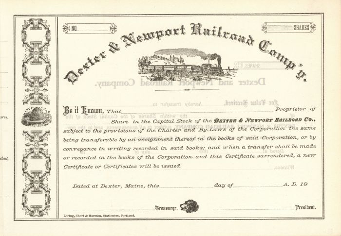 Dexter and Newport Railroad Co. - Stock Certificate