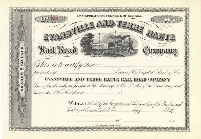 Evansville and Terre Haute Rail Road Co. - Stock Certificate